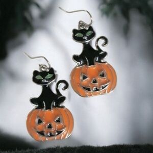 Halloween Black Cat On Orange Pumpkin Jack O Lantern Dangle Earrings Silver Tone